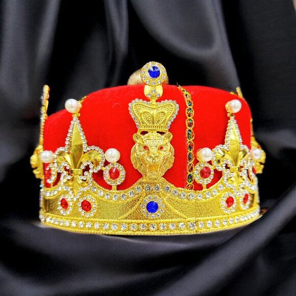 Royal Velvet Gold King's Crown, Tufted King Crown, Crystal Gold Crown, Gifts - Picture 7 of 8